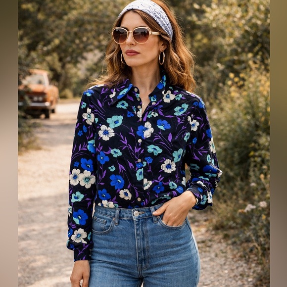Vintage Tops - Vintage vibrant Floral Black Blue 70's dagger collar Shirt